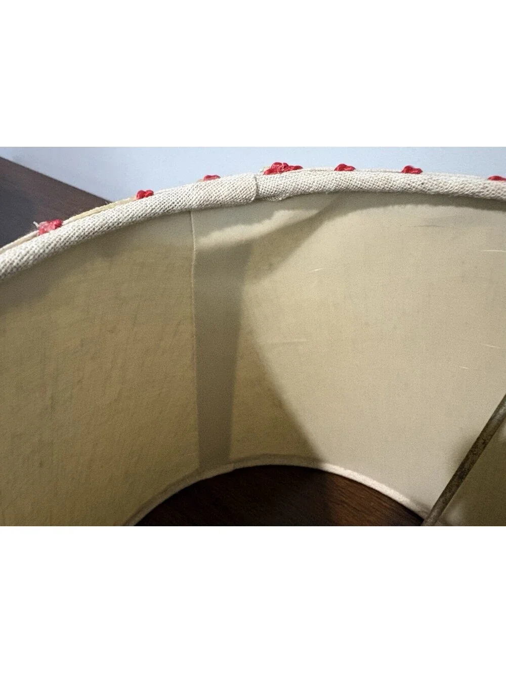 Beige Round Lamp Shade with Red Stitching Fabric 8” Diameter 8